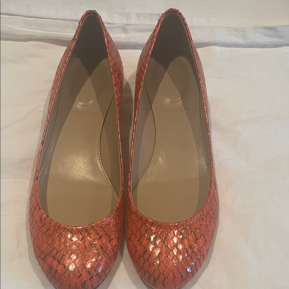 SALESALE!!! J. Crew Brand NewNIB Orange Snakeskin Flats w/Gold trim heels.  Sz 8
